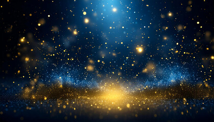 Abstract background with dark blue and gold particle. Magic night dark blue sky with sparkling stars. Gold glitter powder splash vector background.