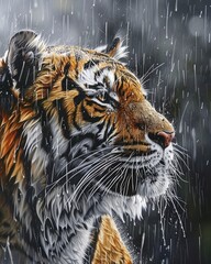 acrylic painting of tiger in the rain with monochrome background
