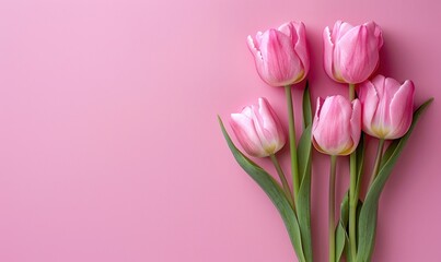 Pink flowers in a vase on a pink background. The flowers are arranged in a way that they look like they are standing upright