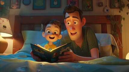 Father's Bedtime Story: As bedtime approaches, a father reads a story to his child, creating a comforting and bonding moment that they both cherish