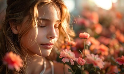 Naklejka premium A woman is sitting in a field of flowers, looking at the camera with a peaceful expression. The flowers are pink and the sun is shining brightly, creating a warm and serene atmosphere