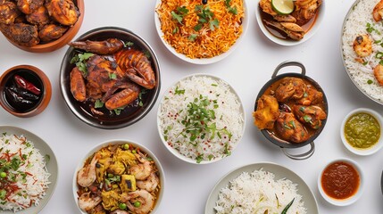 Biriyani dishes from Bangladesh, including chicken, prawn, and Dhaka-style, along with plain rice cooked with fragrant chinigura rice, presented on a white background.