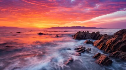 Obraz premium Breathtaking sunset over rocky coastline