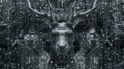 A dark gray deer made of circuit boards with digital circuit board background