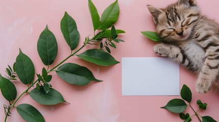 A cute kitten sleeping next to green leaves on a pink background with a blank white card in the middle of the picture. - Powered by Adobe