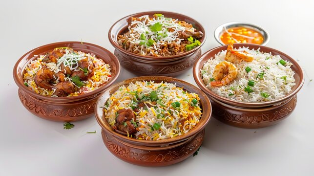 Biriyani dishes from Bangladesh, including chicken, prawn, and Dhaka-style, along with plain rice cooked with fragrant chinigura rice, presented on a white background.