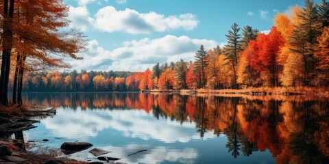Naklejka premium Serene autumn landscape with colorful foliage reflected in a calm lake