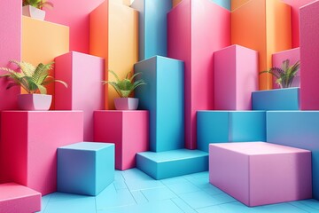 Colorful ascending 3D blocks with potted plants in a lively, vibrant, modern digital art...