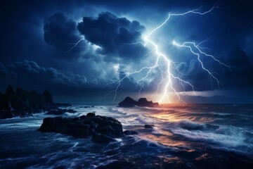 Dramatic storm with lightning over crashing waves on rocky coastline