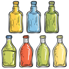 Colorful glass bottles illustration, vibrant beverage containers drawing. Set multicolored glass bottles, handdrawn design elements. Six colorful empty bottles, cartoon sketch isolated