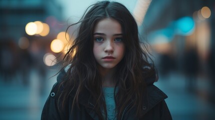 Obraz premium Pensive young woman with long dark hair in the city at night