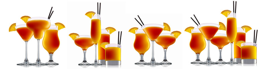 Set of cocktails with decoration from fruits isolated on white background