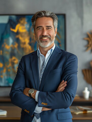 Fototapeta premium A man in a blue suit and tie is smiling for the camera