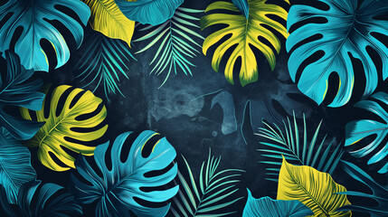A blue and yellow leafy background with green and yellow leaves