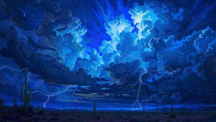 Lightning in the desert at night with cactus, dark blue sky.