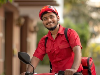 Smiling food Delivery Man in Red Uniform Riding a Scooter