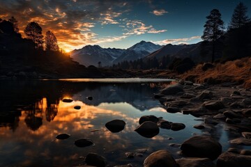 Stunning mountain landscape at sunset with a serene lake