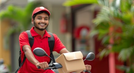Smiling food Delivery Man in Red Uniform Riding a Scooter