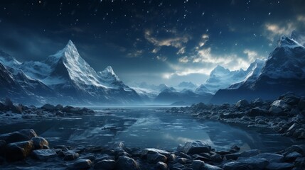 Serene winter landscape with majestic mountains and starry sky