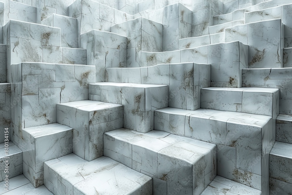 Poster a three-dimensional maze of white, grungy textured cubes creating a complex structure