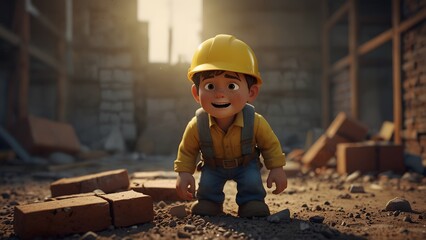 A poor sad boy with tears in eyes, wearing yellow helmet, carrying heavy bricks on his back, working in a construction site, world day against child labor