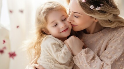 A mother and daughter are hugging each other. The mother is wearing a white shirt and the daughter is wearing a white shirt as well