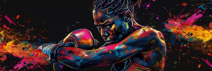 A beautiful female boxer is depicted in an artistic manner, with vibrant colors and dynamic poses creating splashes of color against the dark background Generative AI - obrazy, fototapety, plakaty