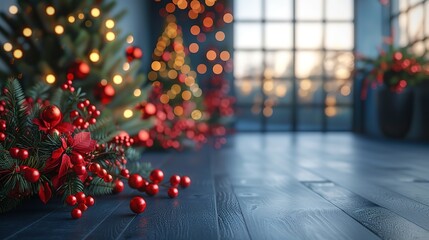 Christmas tree branches with red baubles on wooden floor with bokeh background