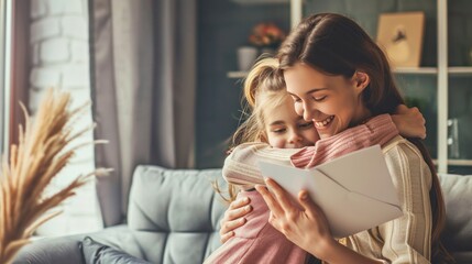 A woman is reading a letter to a young girl. The girl is hugging the woman and he is happy. Concept of warmth and affection between the two