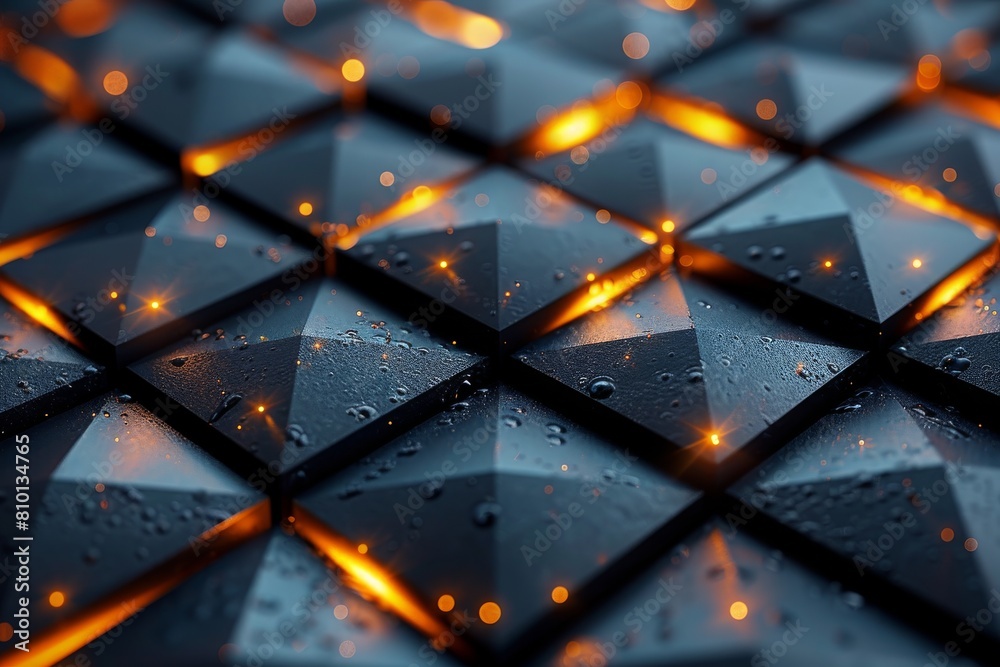 Poster an intricately detailed image of a geometric pattern with water droplets and a subtle glow adding a 