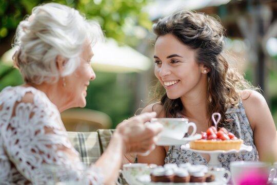 female having afternoon tea with her mum