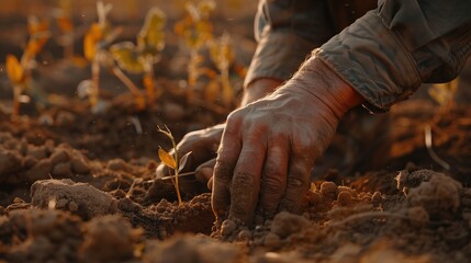 A close-up shot of weathered hands gently planting a seedling in a vibrant regenerative agriculture field, reminiscent of classical landscape paintings