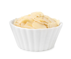 Fresh almond flakes in bowl isolated on white