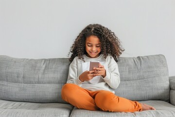 child girl sitting on a grey sofa looking at her phone