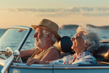 happy elderly couple driving in a car without roof enjoying summer