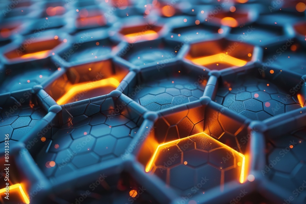 Poster intense energy and vibrant colors glow within a network of hexagonal cells, illustrating high-tech a