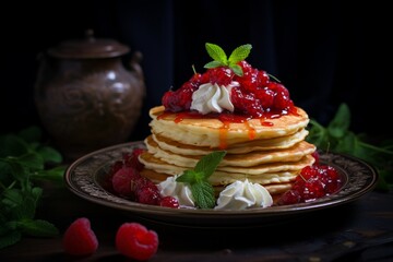 Delicious stack of pancakes with fresh raspberries and whipped cream
