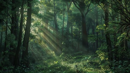 Fototapeta premium Forest Background: A dense forest provides a rich, textured background with towering trees, lush underbrush, and dappled sunlight filtering through the canopy 
