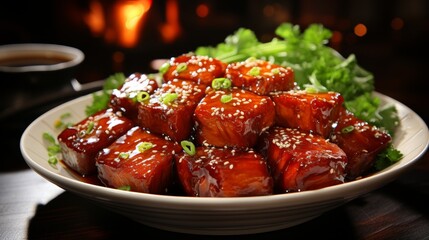 Delicious asian style pork belly with sesame seeds and green onions