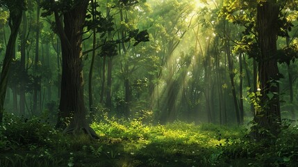 Naklejka premium Forest Background: A dense forest provides a rich, textured background with towering trees, lush underbrush, and dappled sunlight filtering through the canopy 