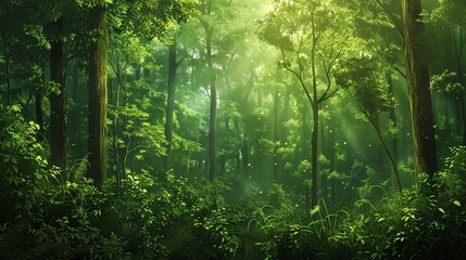 Fototapeta premium Forest Background: A dense forest provides a rich, textured background with towering trees, lush underbrush, and dappled sunlight filtering through the canopy 