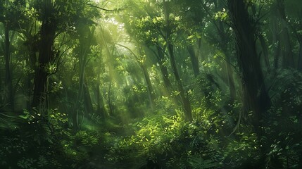 Obraz premium Forest Background: A dense forest provides a rich, textured background with towering trees, lush underbrush, and dappled sunlight filtering through the canopy 