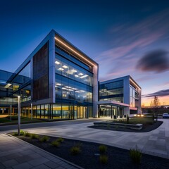 Obraz premium Modern Office Building at Sunset in Urban Business District With Reflective Glass Windows. Generative AI