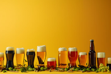 A collection of craft beers from around the world, displayed with hops and barley, against a brewery amber background with copy space for beer festivals or craft brewery tours