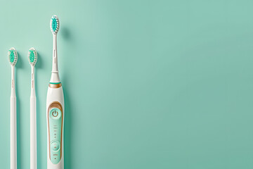 A modern electric toothbrush displayed with various brush heads, emphasizing dental care, set against a clean mint background with copy space for dental health products or hygiene tips