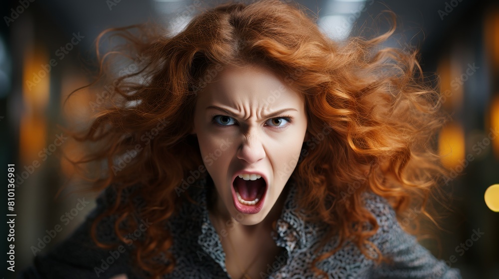 Wall mural Angry woman with wild red hair