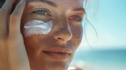 A woman applies sunscreen on the beach