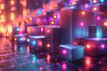 Neon cubes in a multitude of colors create a vibrant dance of light and shadow, symbolizing diversity and unity