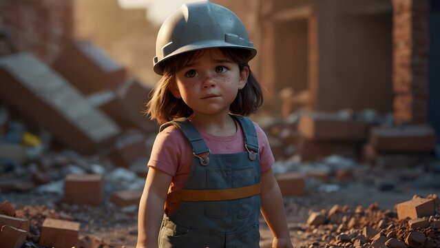 Poor little girl forcefully working at construction site with sad face and tears, world day against child labor