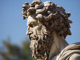 Detailed stone sculpture of a bearded man with flowing hair
